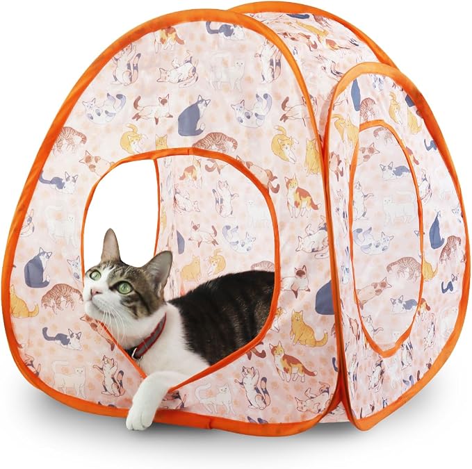 Andiker Cat Tent, 3 Holes Safe and Strong Cute Cats Tunnel Collapsible Easy to Carry Cat House for Indoor Cats Kittens Hiding Playing Training Sleeping (Tent Orange) by Andiker-ServingforYou