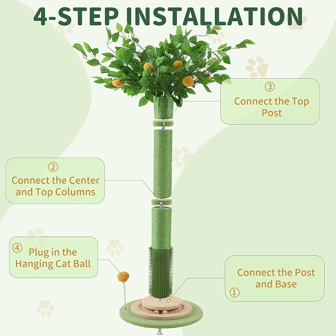 46" Tall Cat Scratching Post, Natural Sisal Cat Tree for Indoor Adult Cats | Vertical Cat Scratch Post for Body Stretching, Self-groomer Brush, Stable 3-layer Solid Wood Base, Interactive Ball Track Toy - Image 6