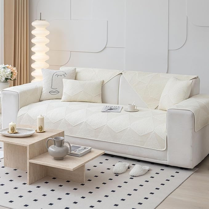 vctops Cotton Quilted Couch Covers for Sectional Sofa (Cream,43"x63") | Geometric Washable Non Slip Sofa Slipcover for Dogs, Children, Pets Furniture Protector Cover - Image 6