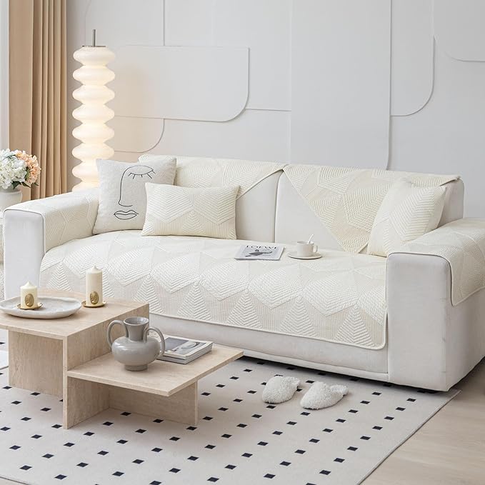 vctops Cotton Quilted Couch Covers for Sectional Sofa (Cream,36"x63") | Geometric Washable Non Slip Sofa Slipcover for Dogs, Children, Pets Furniture Protector Cover - Image 6