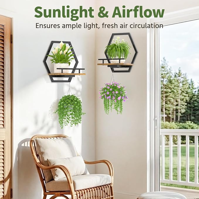 LASZOLA Plant Picture Frame Holder Shelf Wall Window Indoor, 2 Pcs Brown | Modern Floating Flower Hanger Wall Mounted, with Hooks, Metal Planter Hanging Stand Display Decor for Home Bathroom - Image 7