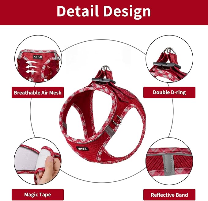 AMTOR Small Dog Harness with Leash Set, No Escape Easy Walk Puppy Harnesses for Training Walking, Step-in Reflective Soft Dogs Vest for XS S Medium Extra-Small Large Sized Dog(Red/White,XXS) - Image 4
