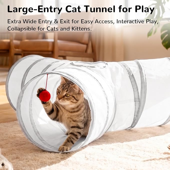 Tempcore Cat Tunnel for Indoor Cats, 3 Way Collapsible Pet Play Tunnel with Teaser Wand, Peek Holes & Hanging Ball, Interactive Tube for Kittens & Rabbits, White & Light Grey - Image 3