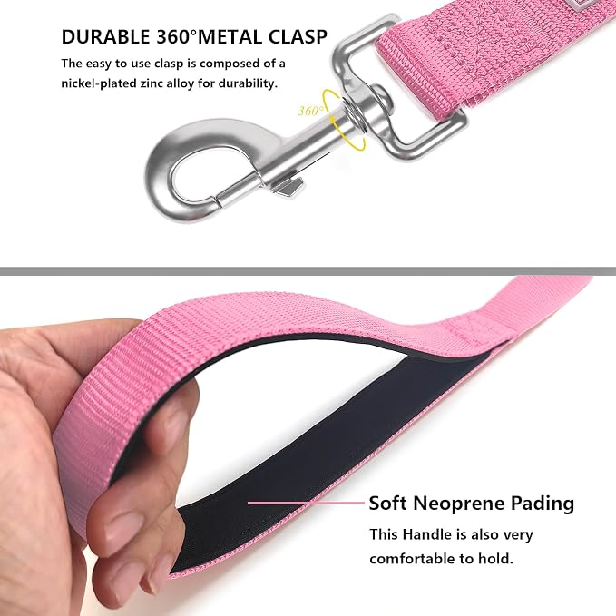 6 FT Reflective Dog Leash for Medium Dogs,Pink | Padded Handle,Metal D-Ring,Heavy Duty Nylon Webbing, for Walking & Training - Image 4