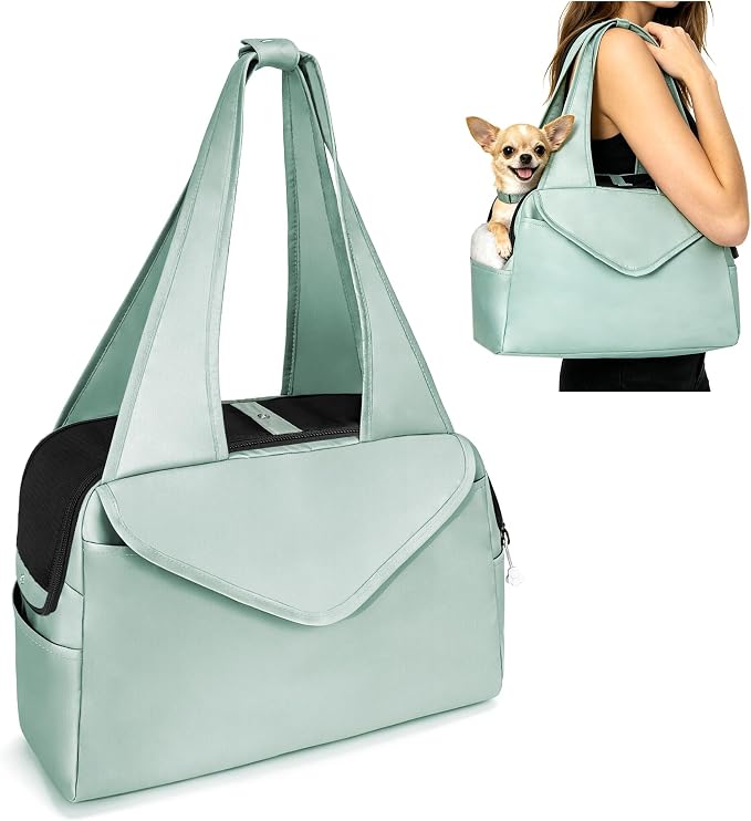 Lightweight Dog Purse with Large Pockets for Small Dogs up to 8 lb | Stylish, Soft-Sided Small Dog Carrier with Safety Buckle and Breathable Anti-Scratch Mesh for Travel, Sage Green by FoxFocus
