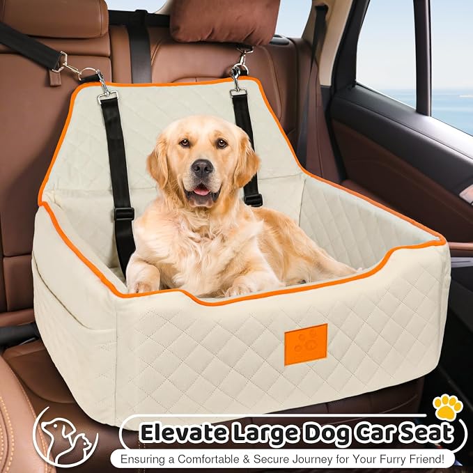 XIEEAOZEE Dog Car Seat for Large/Medium Pet Under 55Lbs or 2 Small Dogs | Detachable and Washable Booster Dog Seat Travel Pet Seat with Thick Cushion & Storage Pockets (Beige) - Image 3