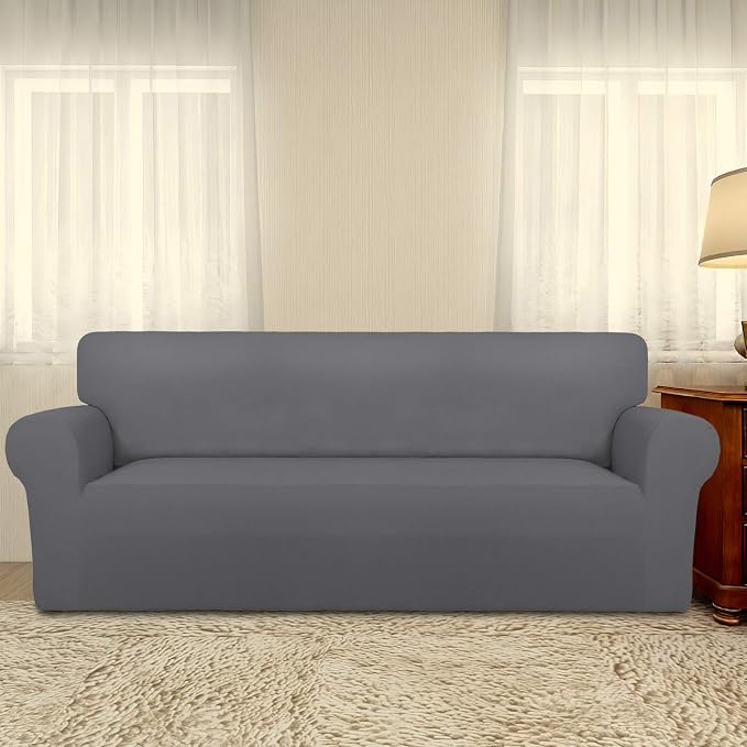 PureFit Stretch Couch Covers for Sofa Large Sofa Slipcovers Gray | 1-Piece Sofa Cover Washable Soft Couch Protector, Couch Slipcover with Non Skid Foam and Elastic Bottom for Kids, Dogs - Image 2
