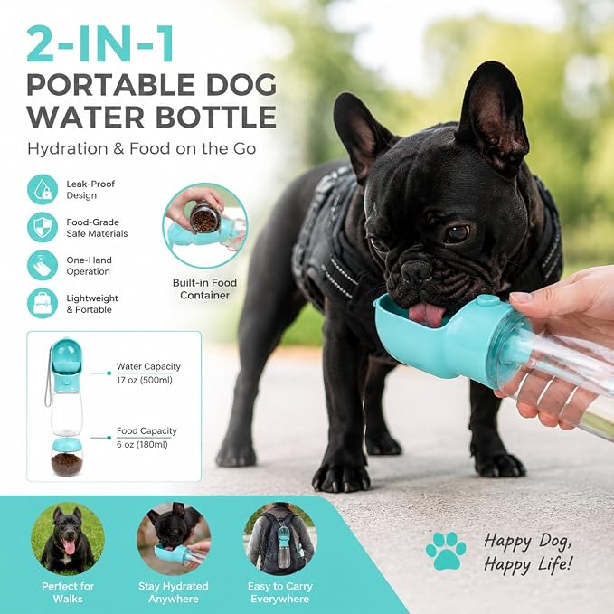 2-in-1 Dog Cat Portable Water & Food Travel Dispenser Bottle(Pink) | 2-in-1 travel pet cup with 500ml water & 180ml food storage, leak-proof portable feeder for dog cat walking hiking trips - Image 4