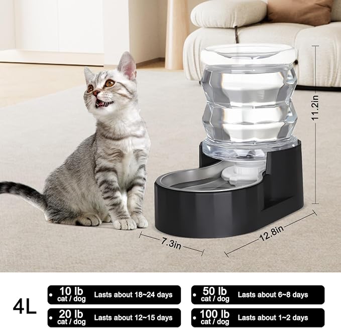 RIZZARI 4L Gravity Cat Water Dispenser: Filtered Hydration for Indoor Cats | Activated Carbon Filter / Stainless Steel Bowl / Apartment Friendly / Bedroom & Kitchen Use / Easy Cleaning/Helps Reduce Odor - Image 2