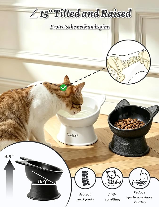 YINEYA Elevated Cat Bowls 2 Pcs, Cat Food Bowl to Protect Neck & Anti-Vomit, Whisker-Friendly Raised Food and Water Bowls Set for Indoor Cats/Small Dogs, Cute Pet Feeding Bowl 6 OZ Each, Black&White - Image 2