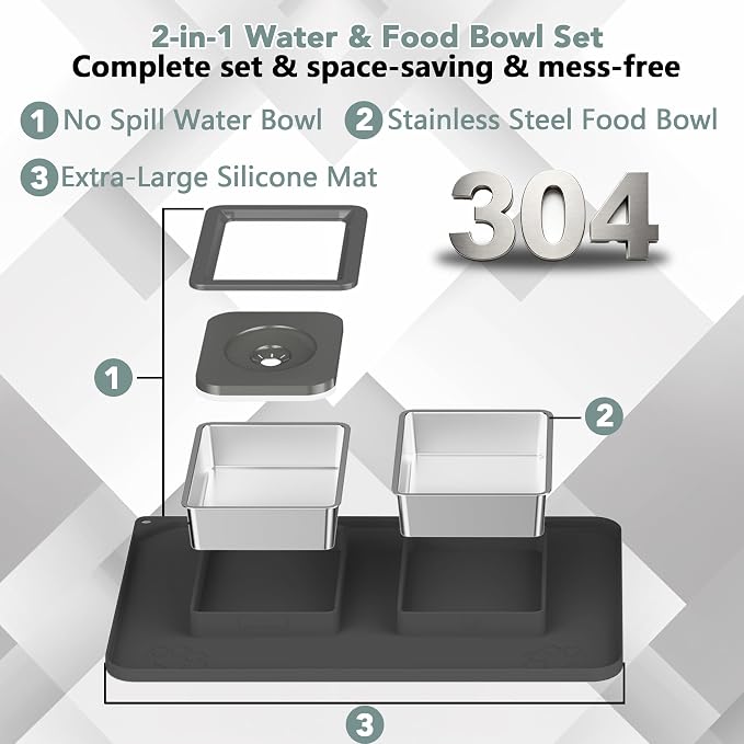 Dog Bowl Set, No Spill Dog Water and Food Bowl with Silicone Mat | Large Capacity 304 Stainless Steel Bowls, 2-In-1 Set, Slow Drinking, Anti-Slip Silicone Feeding Mat, Home/Travel, 6-7 Cups - Image 6
