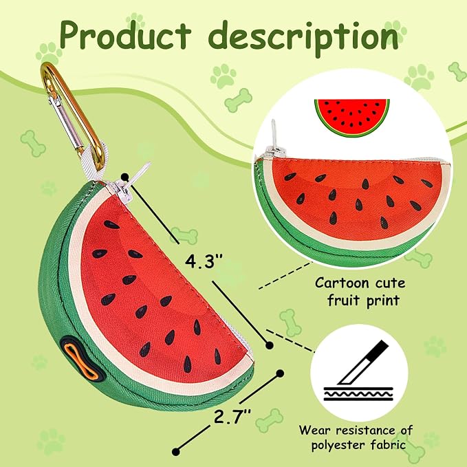 Watermelon Shaped Dog Poop Bag Holder Leash Attachment | Zipper Poop Bag Holder Dispenser & Trash Bag Carrier for Dog Walking, Cute Leash Attachable Dog Poop Bag Holder - Image 2