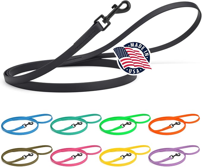Dogline Biothane Waterproof Dog Leash Strong Coated Nylon Webbing with Black Hardware Odor-Proof Easy to Clean High Performance for Small or Large Dogs Made in USA 4 or 6 ft Lead, Black by Dogline