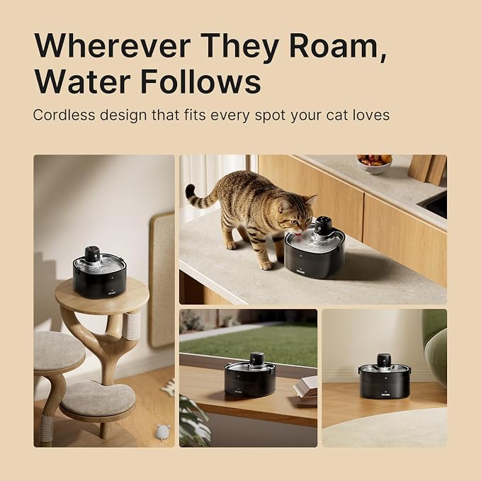 Cordless Cat Water Fountain, 78oz/2.3L, Battery Operated, Silver | Stainless Steel Tray, Rechargeable 4000mAh, Wireless, Motion Sensor, Ultra-Quiet Pump, Locking Lid, Automatic Fountain - Image 3