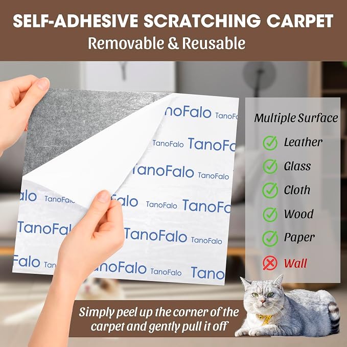 Cat Scratching Mat, 100"x16" Self-Adhesive Carpet Mat Trimmable Replacement for Cat Tree, Cat Wall Shelves, Cat Scratching Post, TanoFalo DIY Couch Furniture Protector (Light Gray) - Image 2