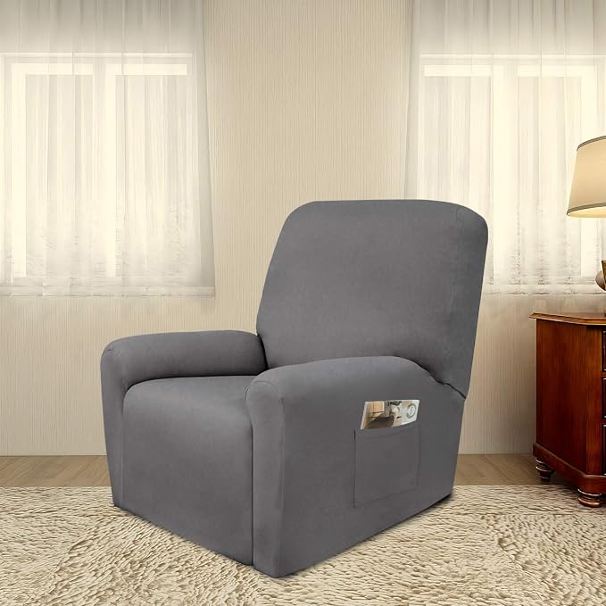 PureFit Stretc Recliner Chair Covers Fleece Soft Couch Covers for Sofa | Light Gray 4-Pieces Recliner Slipcover Pocket Couch Protector, Fleece Sofa Cover Washable with Non Slip Elastic Bottom - Image 2