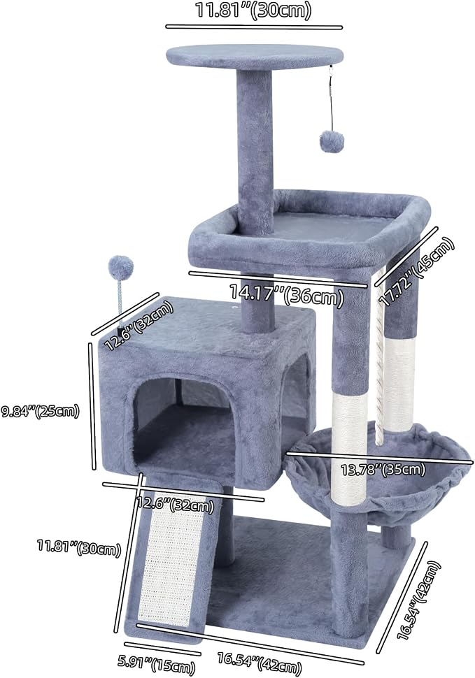 TWDEPART 37.5" All-in-One Cat Tree Tower with Scratching Board & Posts Cozy Sleeping Perch Hammock and Toy Balls,Grey - Image 2