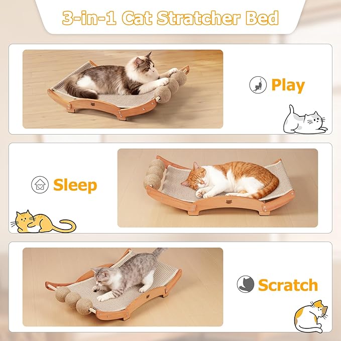 3 in 1 Sisal Cat Scratcher Bed, Solid Pine Cat Scratcher with Balls (Wood) | Extra Large Cat Scratching Post with Hammock, Cat Scratcher for Scratch & Play & Rest, Cat Furniture for Indoor Cats, Kitten - Image 4