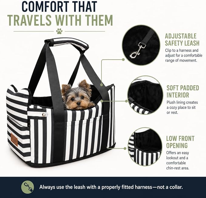 Console Dog Car Seat for Small Dogs to 15lbs (Black& White Stripes) | Center Console Puppy Booster and Portable Travel Bed, Anti-Collapse Design with Washable Fluffy Cushion - Image 6