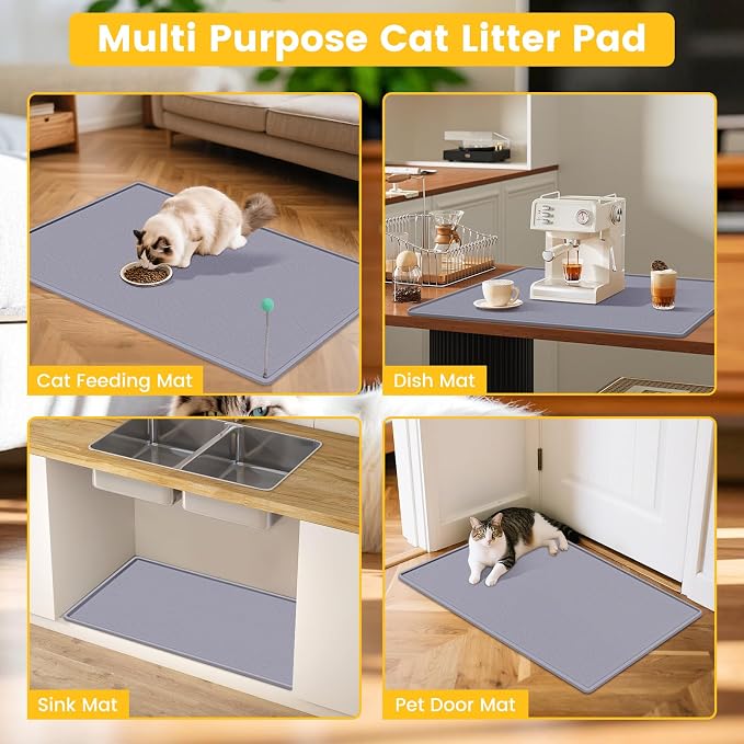Silicone Cat Litter Mat with Toy, 38x25 Inch Large - Waterproof, Easy Clean Trapping Mat for Kitty Litter Box, Non-Slip Litter Box mat for Hardwood Floors & Carpet Protection (Grey) - Image 7