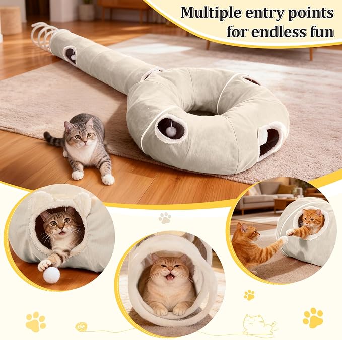 Ownpets 2-in-1 Cat Tunnel Large Lollipop Collapsible Cave Plush,12"D, Beige | Foldable Tunnel Bed, Fluffy Ball, Multi-Exit Maze, For Cats Kittens Puppies Rabbits, Soft Plush, Easy Store, Cozy Hiding Spot - Image 6