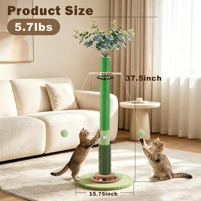 37.4'' Tall Cat Scratching Post,Cat Toys,Scratcher Tree for Indoor | Natural Sisal,Climbing Pole Full Body Stretching,Artificial Flower,Stable Tower,Interactive Toy,Self Groomer - Image 2