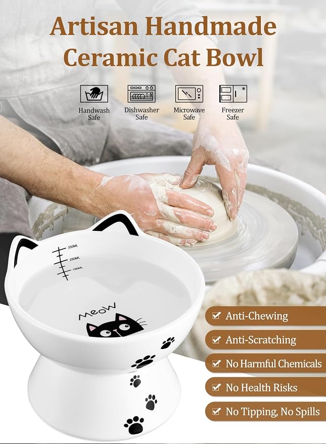 Porcelain Raised Cat Bowl, No Spill Cat Water Bowl with Anti Slip Band, Elevated Porcelain Pet Bowl Protect Pet's Spine, Large Capacity Pet Water Bowl, 15 oz, Dishwasher Safe | Anti Vomiting, Whisker Friendly, Shallow Food Dish and Deep Water Bowl, Ant... - Image 6