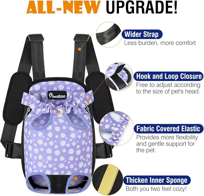 Pawaboo Pet Front Carrier Backpack for Small Medium Dogs | Legs Out Easy-fit,Adjustable Straps,Hands-Free,Soft Padded Support for Travel Hiking Cycling Camping,Black Purple Daisy,M - Image 4