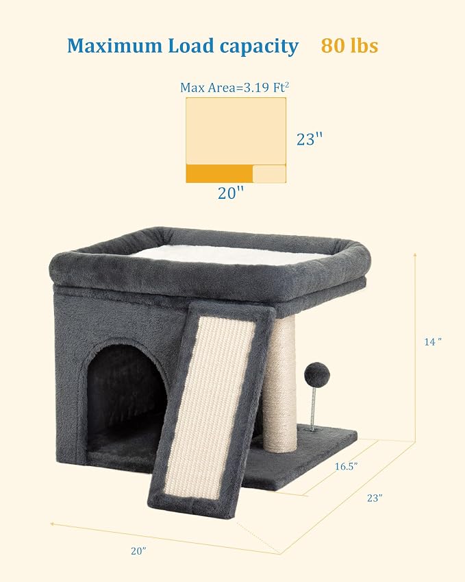 Aechonow Cat Tree for Large Cats, 20x16.5 Perch Bed for Adult Senior Cats | 14" Cat Tree Tower with Scratching Post, Removable Washable Mat, Dark Gray - Image 6