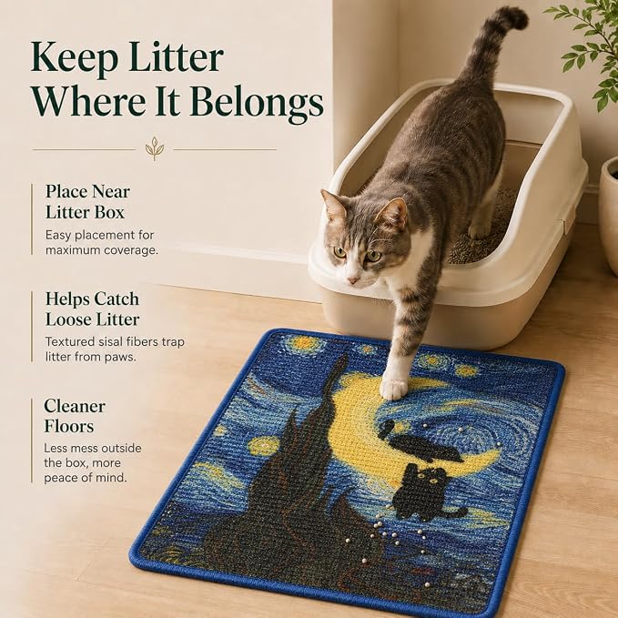 Art Sisal Cat Scratcher Mat, Cat Wall Scratchers for Indoor Cats | Wall Mounted Cat Scratcher, Natural Sisal, No-Drill Hook & Loop Setup, Floor or Wall Use, 23.6 x 15.7 Inch, Starry Night 2 - Image 3