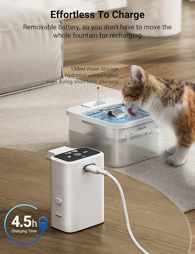 DownyPaws Cat Water Fountain Cordless, Pet Fountain, 84oz/2.5L, White Pro | Wireless Cat Drinking Water Fountains for Cats Indoor, Fursink , Battery Operated, Motion Sensor, Ultra Quiet Pump, BPA-Free - Image 7