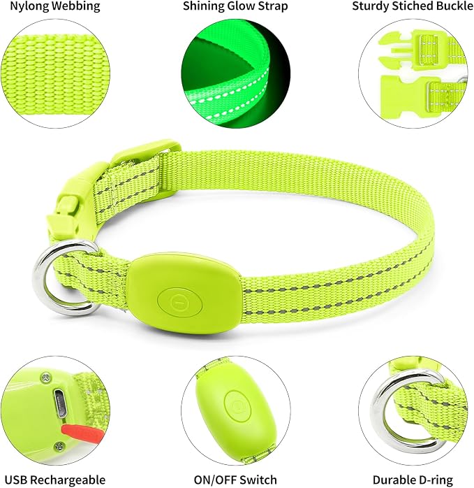 Illumifun LED Dog Collar, USB Rechargeable Light Up Dog Collar, Waterproof Nylon Glowing Safety Collar for Small Dogs Cats (Green, X-Small) - Image 3