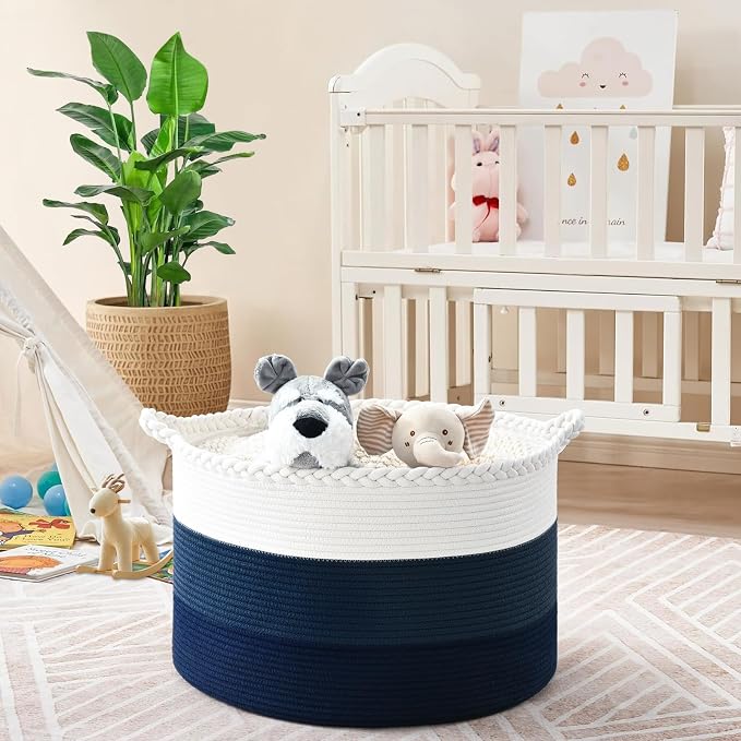 67L Large Woven Blanket Basket, Cotton Rope Baby Laundry Hamper with Handles, Kids Toy Basket for Classroom & Nursery, Soft Round Stuffed Animal Storage, Dog Toy Bin - 20"x13", Dark Blue - Image 5