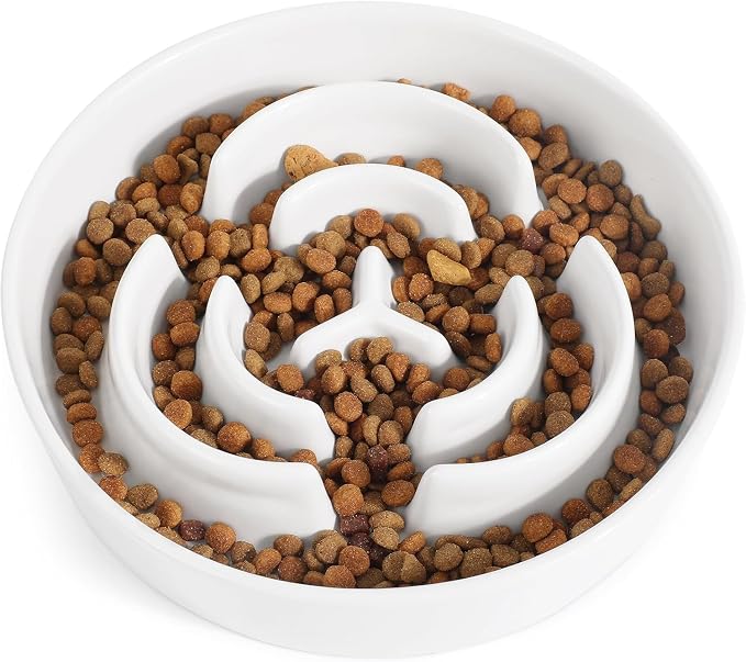 Ceramic Slow Feeder Dog Bowls 1.6 Cups for Medium & Small Fast Eaters,White | Reduces Bloating,8.07x1.77 Inch Dish For Daily Dog Meals, Maze Puzzle Slows Down Eating, Anti-Choking,20oz Water by JuWow