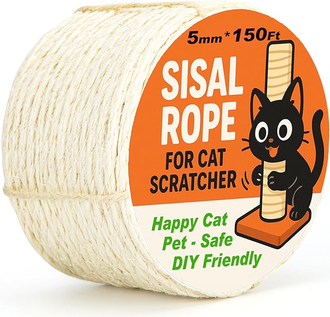White Sisal Rope for Cat Tree and Scratching Post 5mm 1/5 Inch, 150 Feet | Natural Sisal Fiber, Tight Twist Climbing Twine, Cat Tree Tower Repair, Scratching Post Replacement, Natural Scratching by AUXMOTEC