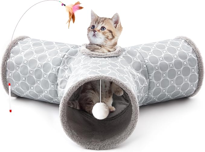Tempcore Cat Tunnel for Indoor Cats Fleece-Lined in for Warmth, 3 Way Collapsible Pet Play Tunnel with Teaser Wand, Peek Holes & Hanging Ball, Interactive Tube for Kittens & Rabbits, Geometry Grey by Tempcore