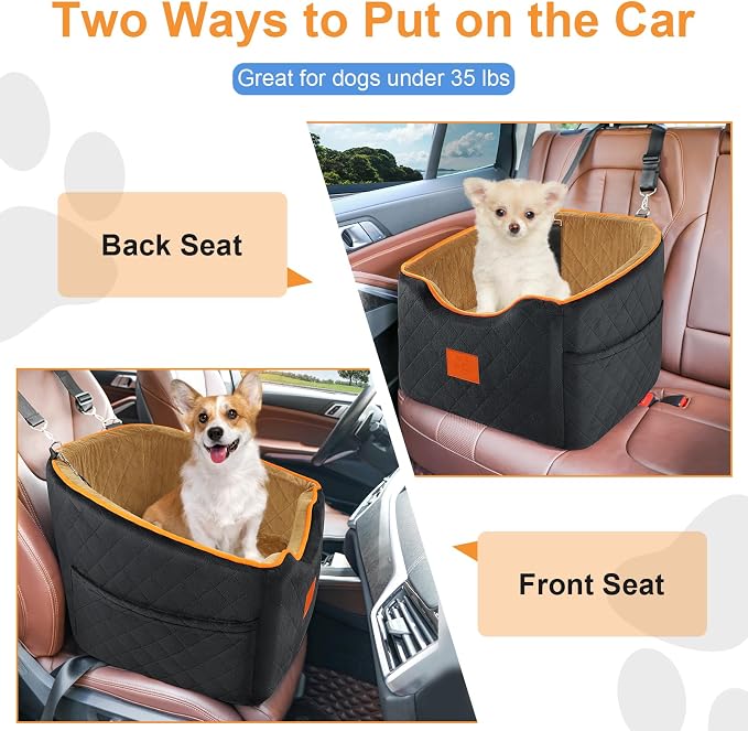 XIEEAOZEE Dog Car Seat for Small/Medium Dogs & Cats Under 35 lbs | Memory Foam Booster Dog Seat, Travel Safety Pet Car Seat with Washable Removable Cover, Storage Pockets (Black/Brown) - Image 5
