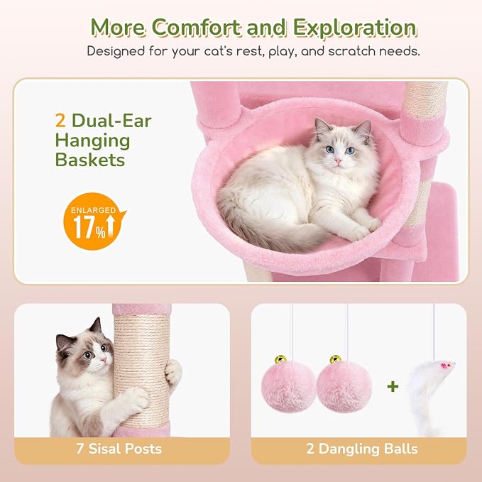 Globlazer 74in Pink Heavy Duty Cat Tree Tower for Indoor Large Cats, S74 | Sturdy Cute Cat Tower with 7 Scratching Posts, 2 Widened Padded Condos for Big Cats, Dual-Ear Baskets, Enlarged Perch, Pink - Image 4