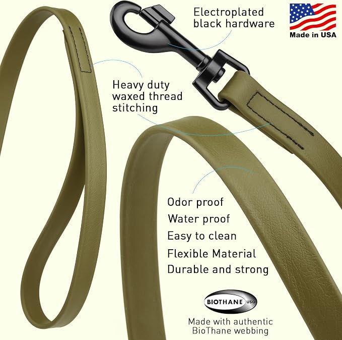 Dogline Biothane Waterproof Dog Leash Strong Coated Nylon Webbing with Black Hardware Odor-Proof Easy to Clean High Performance for Small or Large Dogs Made in USA 4 or 6 ft Lead, Olive Drab Green - Image 2
