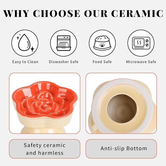 S&Q's CERAMICS Raised Slow Feeder Cat Bowl, Ceramic Glass Elevated Pet Food Bowl Small Dogs Slow Feeder, Flower Shaped Cute Dish for Dry and Wet Food (Orange, 5.8") - Image 4