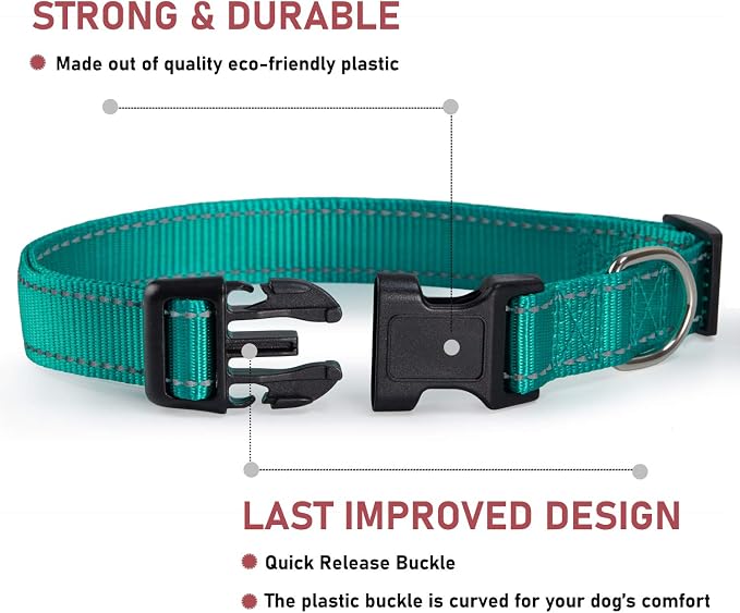 Reflective Dog Collar with Buckle Adjustable Safety Nylon Collars for Small Medium Large Dogs, Green M | No Chafing on Walks and Outdoor Hikes, Metal D-Ring, Night Safety - Image 2
