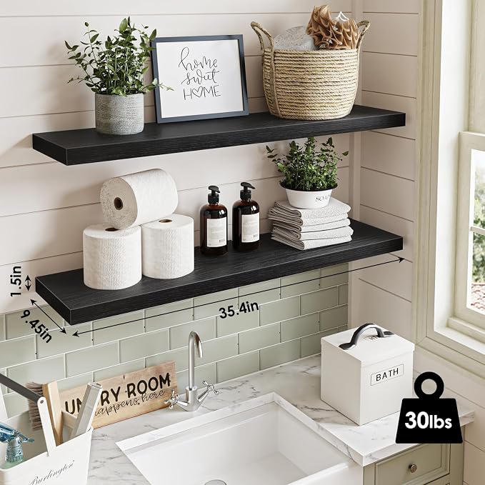 Fixwal Floating Wall Shelves for Decor (Black, Set of 2, 35.4Inch) | MDF Shelf with Metal Brackets, Space Saving for Books , Decor, Fits Bathroom, Kitchen, Bedroom, or Office - Image 3