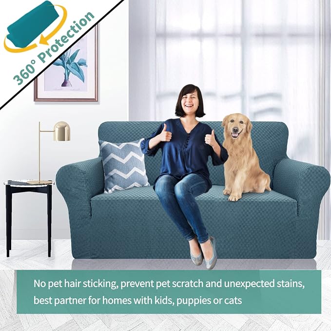 YEMYHOM Couch Cover Latest Jacquard Design High Stretch Sofa Covers for 2 Cushion Couch, Pet Dog Cat Proof Loveseat Slipcover Non Slip Magic Elastic Furniture Protector (Medium, Teal) - Image 2