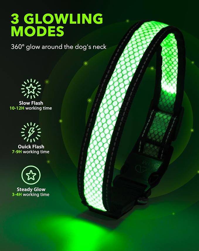 Weesiber Light Up Dog Collar - LED Dog Collar Rechargeable Glow in The Dark Reflective Pet Collar, Safety Doggy Lights for Night Walking(Green, M) - Image 3