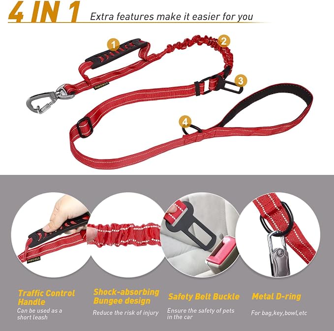 AUBELL Tactical Dog Leash Heavy Duty,4-6ft No Pull Bungee Leash,Red | Reflective Dog Leash for Medium Large Dogs with Comfortable Padded Double Handle,Car Seat Belt,360 Degree Rotating Carabiner - Image 4