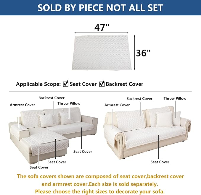 Eismodra Couch Cover,Sectional Couch Covers,Sofa Covers for 3 Cushion Couch,Anti-Slip Sofa Slipcovers for Dogs Cats Kids Loveseat Recliner L Shaped Armrest Backrest,White 36''x47''(Only 1 Piece) - Image 5
