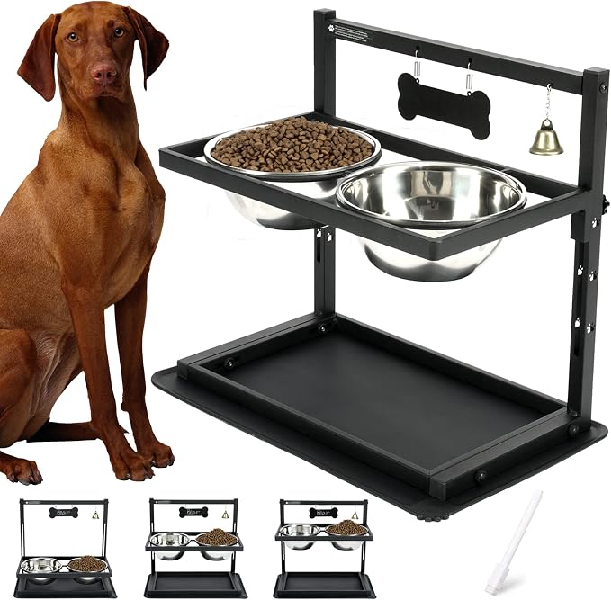 Elevated Dog Bowls, Raised Stand for Large and Medium Dogs, Adjustable Height With Two 58oz Stainless Steel Food Bowls and Spill Proof Mat by TIDANT