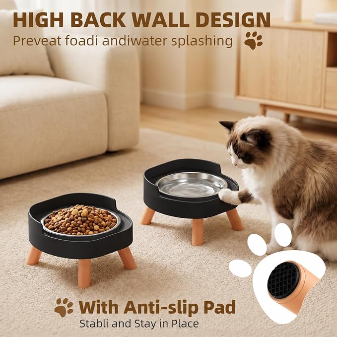 Elevated Cat Bowls, 2P Raised Cat Food and Water Bowl Set for Indoor Cats, Splash Proof with 2 Stainless Steel Pet Food Bowls for Cats ＆ Puppies, Whisker Friendly and Dishwasher Safe - Black - Image 5