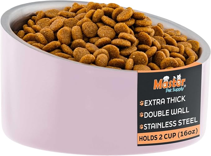Master Pet Supply Stainless Steel Slanted Dog Cat Food Bowl 16 oz Rose | Heavy Duty Double Wall Insulated Non-Slip Elevated Bowl for French Bulldogs Pugs Cats Anti Rust Dishwasher Safe, Rose Quartz by MasterPetSupply