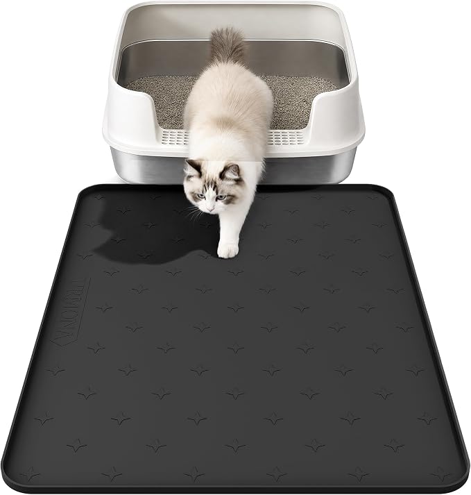 URMONA Cat Litter Mat & Dog Food Mat, 30 x 20 in Waterproof Silicone Tray | Raised Edge Tray for Pet Bowls and Litter Boxes, Helps Contain Water, Food and Litter to Protect Floors, Easy-Clean Black by URMONA